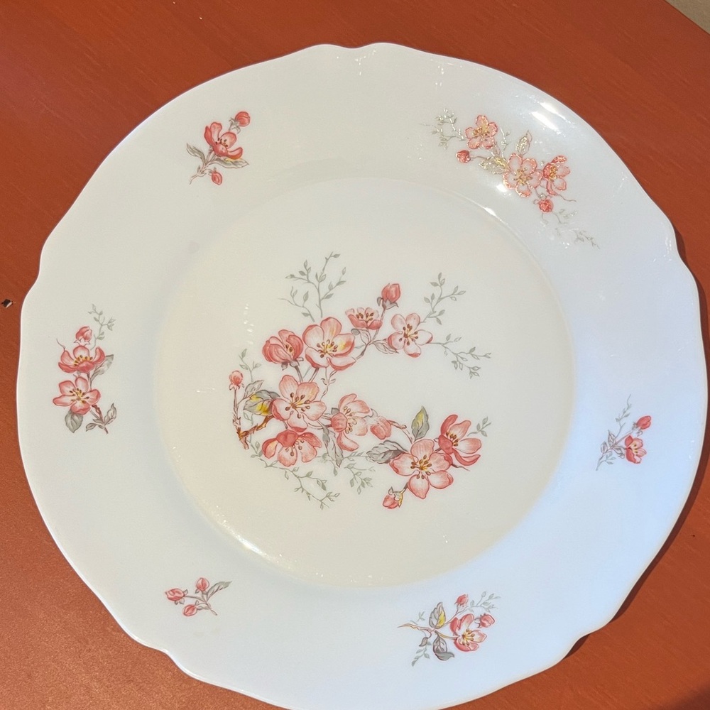 Arcopal France Florentine Scalloped Opal Milk Glass Dinner Plate 10inch Flowers